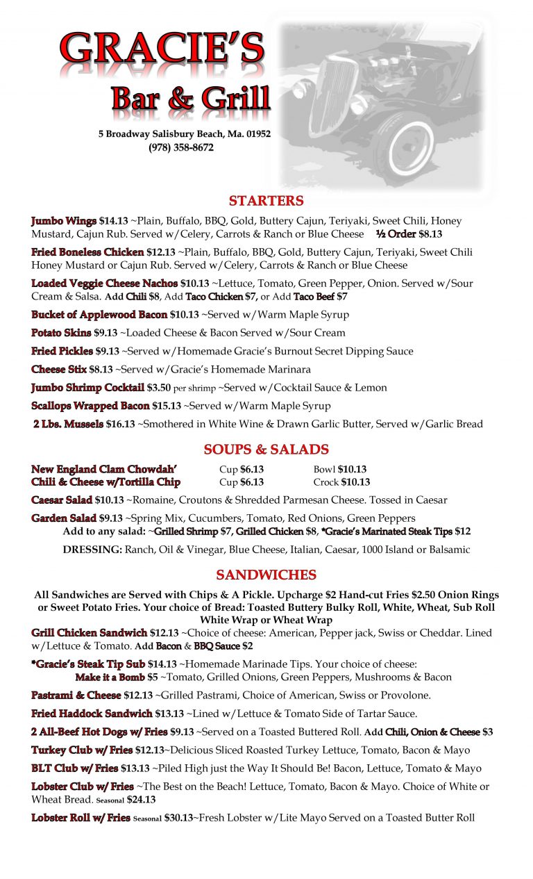 Food Menu Gracie's Bar & Grill