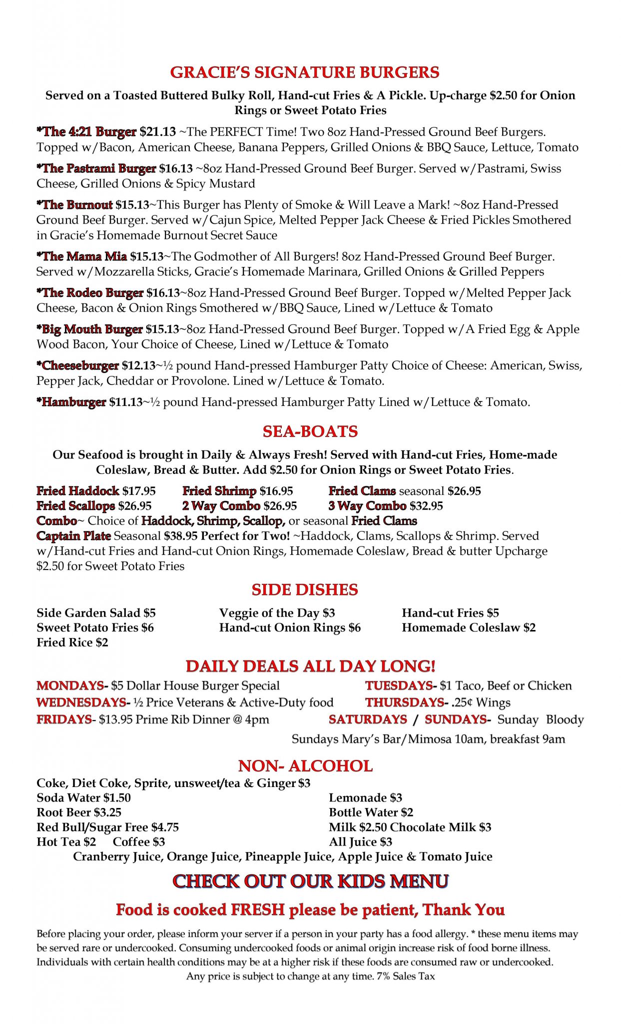 Food Menu Gracie's Bar & Grill
